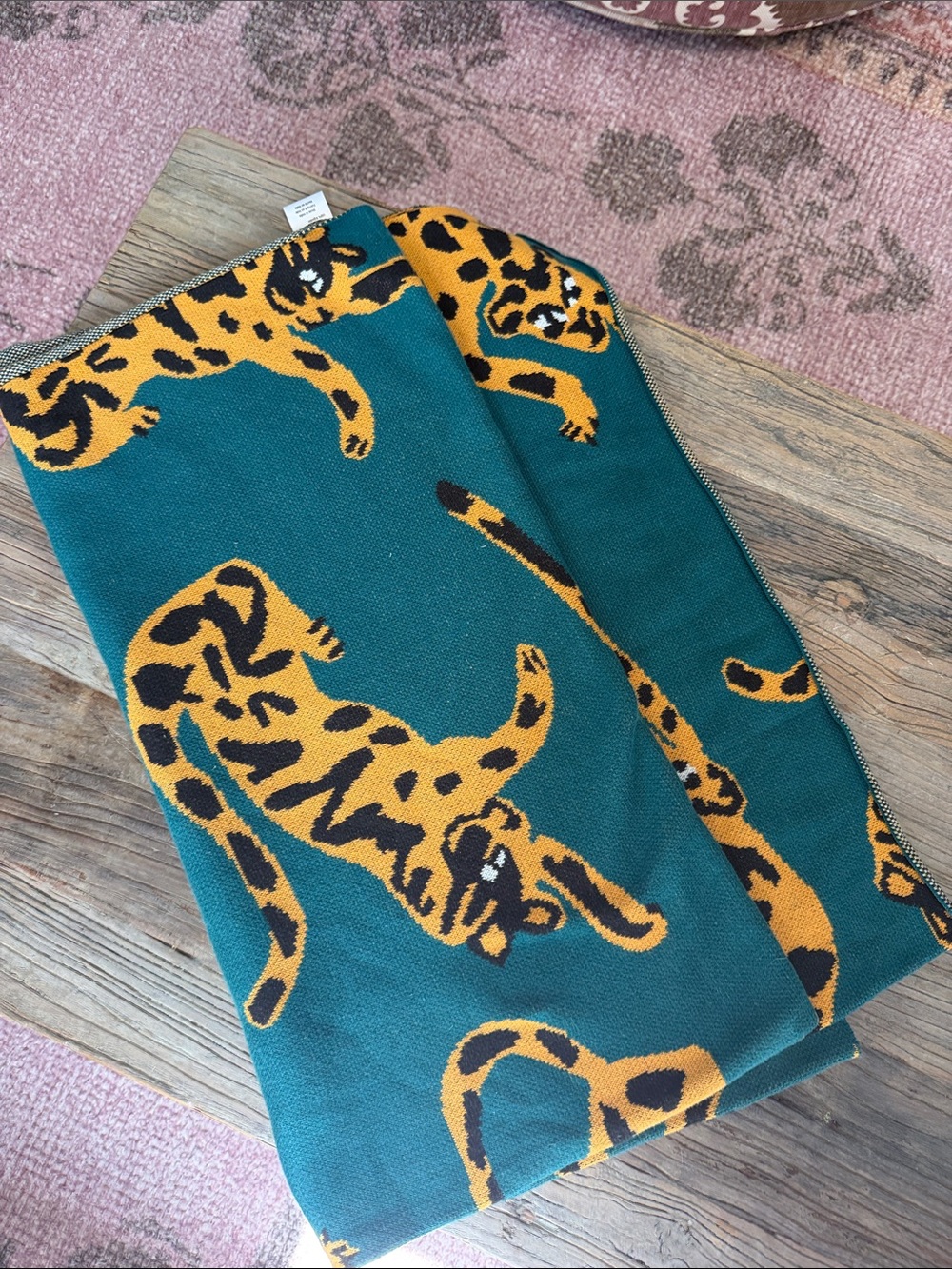 Anthropologie Teal and Mustard Leopard Knit Throw
